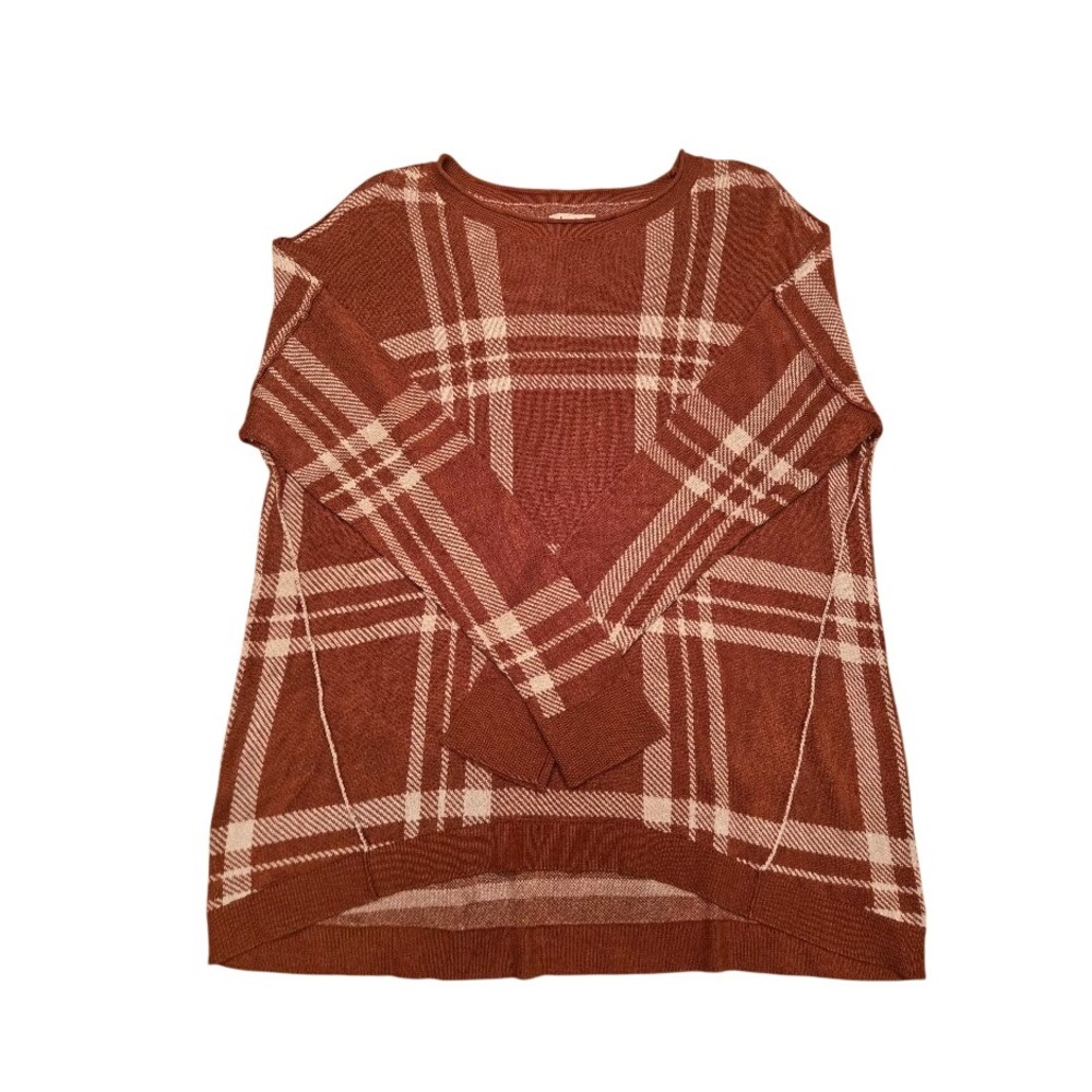Wonderly Womens Plaid Crew Neck Pullover Sweater Rust Cream High Low Hem Size M